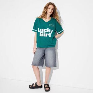 Lucky Girl Women’s V-Neck Jersey T-Shirt, Teal Green, Size M – Casual Oversized